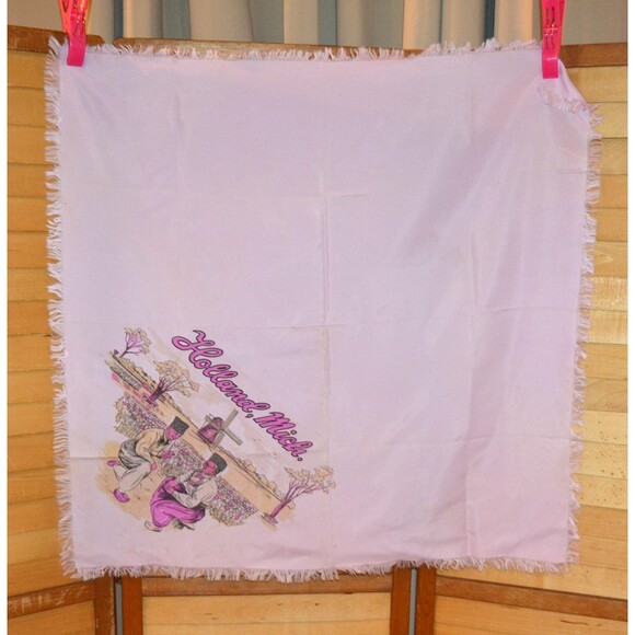 1940s Pink Fringed Scarf Dutchmen with Tulip Fields and Windmill - Picture 1 of 5